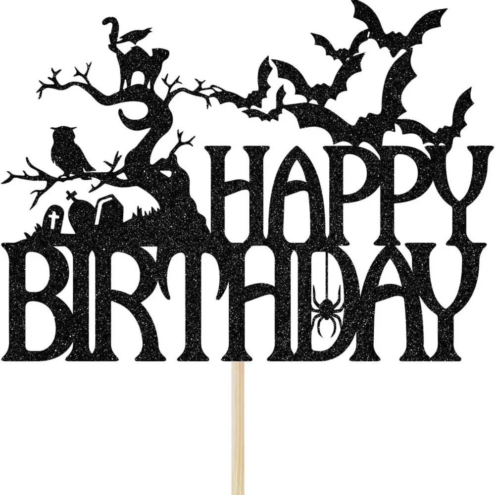 NWT Halloween Happy Birthday Cake Topper Spooky Haunted House Black Glitter